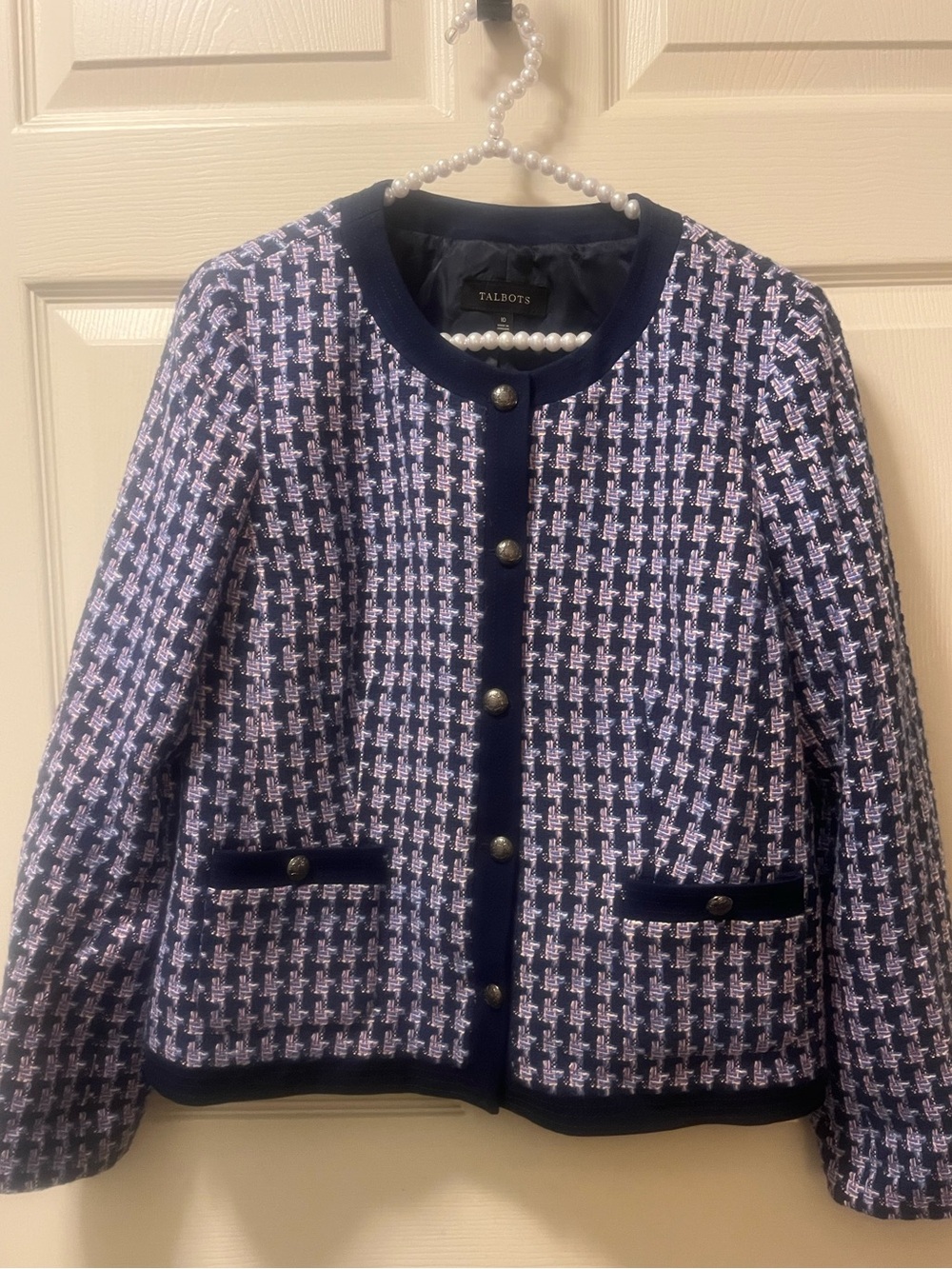Talbots Size 10 Navy/Lavender Tweed Denim Trim Lined Jacket Button Front Career